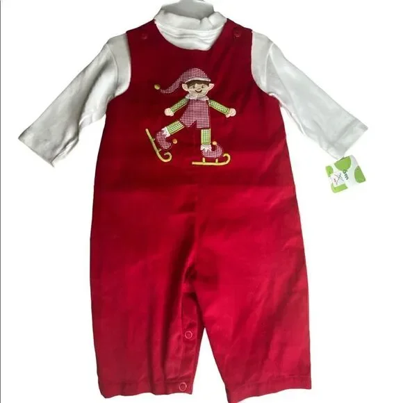 ZU Infant Kids' Ice Skating Elf On Christmas Corduroy Turtleneck Jumpsuit Red 6M - Picture 2 of 7